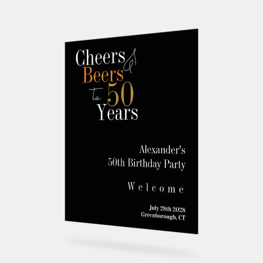 50e verjaardag Cheers Beers Zwart Goud Welkom Acryl Bord (Hoek)