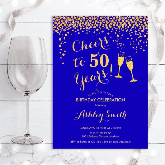50e verjaardag - Cheers tot 50 jaar Gold Royal Blu Kaart