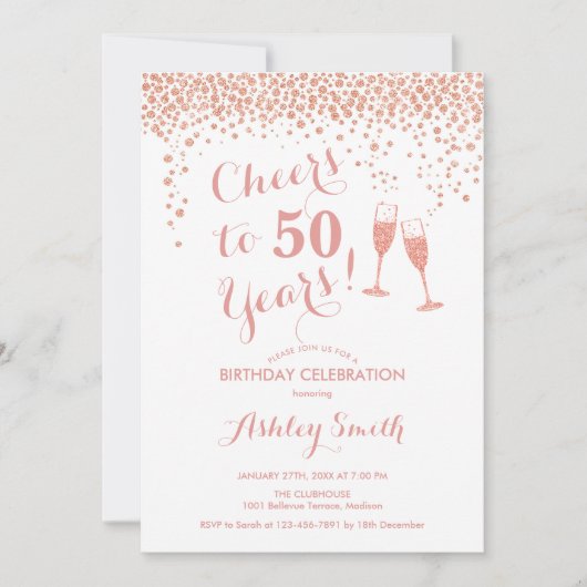 50e verjaardag - Cheers tot 50 jaar Roos Gold Whit Kaart (Voorkant)