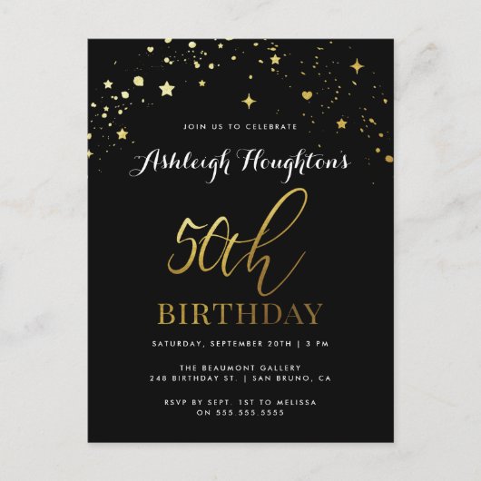 50e verjaardag Chic Black & Gold Star Confetti Uitnodiging Briefkaart (Voorkant)