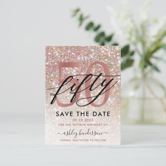 50e verjaardag Chic Glitter Ombre Bewaar de datum Briefkaart (Staand voorkant)