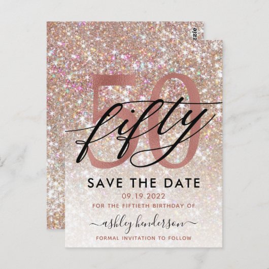 50e verjaardag Chic Glitter Ombre Bewaar de datum Briefkaart (Voorkant / Achterkant)