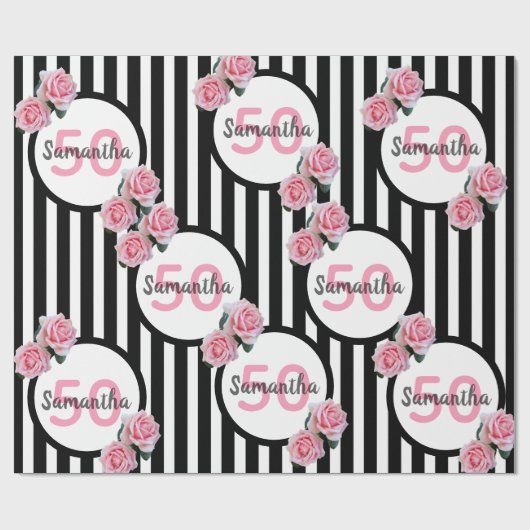 50e verjaardag chic roze rozen zwart witte strepen cadeaupapier (Vlak)