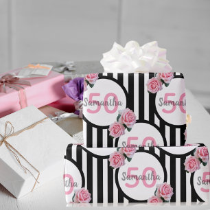 50e verjaardag chic roze rozen zwart witte strepen cadeaupapier