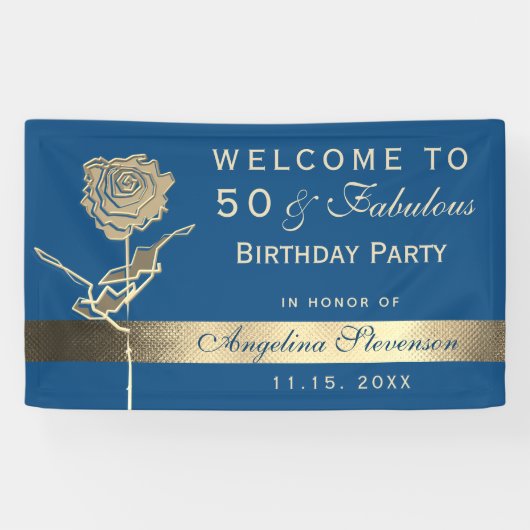 50e verjaardag Classic Blue en Gold Welcome Party Spandoek (Horizontaal)