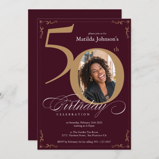 50e verjaardag Classy Burgundy Gold - Aangepaste f Kaart (Voorkant / Achterkant)