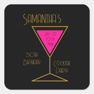 50e verjaardag Cocktail Party Zwart Goud Hot Pink Vierkante Sticker