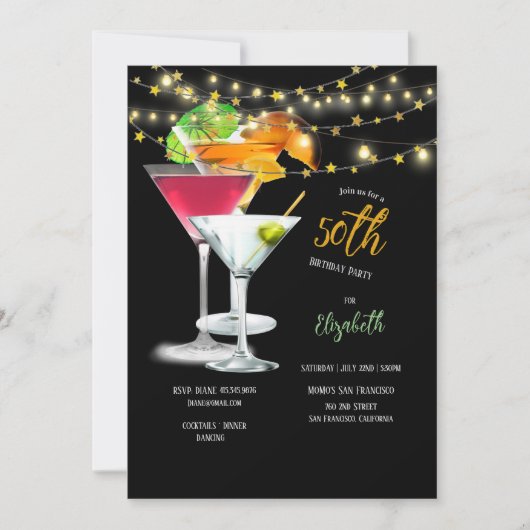 50e verjaardag, cocktailbril en garnishes kaart (Voorkant)