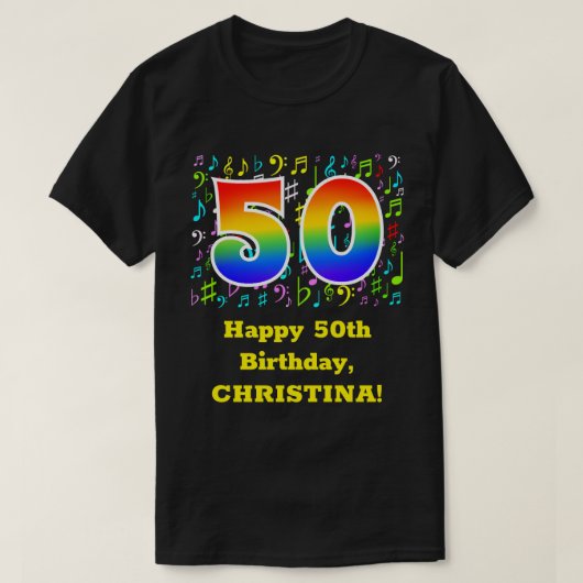 50e verjaardag: Colorful Music Symbols, Rainbow 50 T-shirt (Design voorkant)