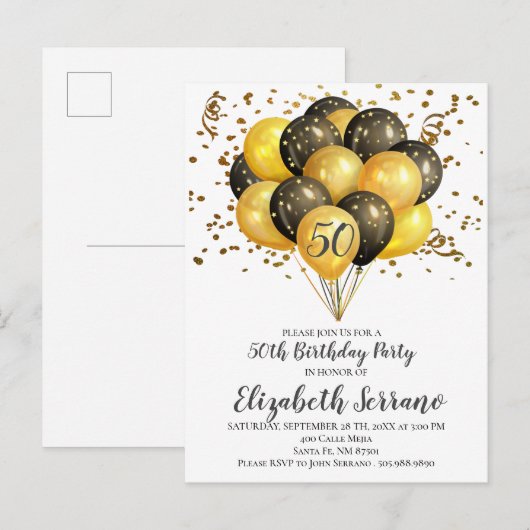 50e verjaardag Confetti Gold & zwarte ballonnen Uitnodiging Briefkaart (Voorkant / Achterkant)