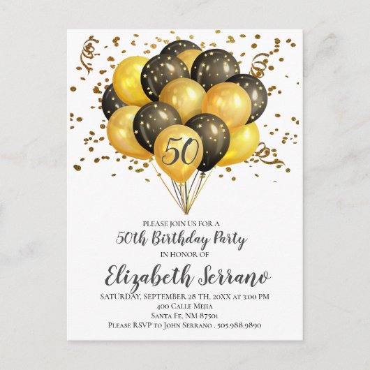 50e verjaardag Confetti Gold & zwarte ballonnen Uitnodiging Briefkaart (Voorkant)
