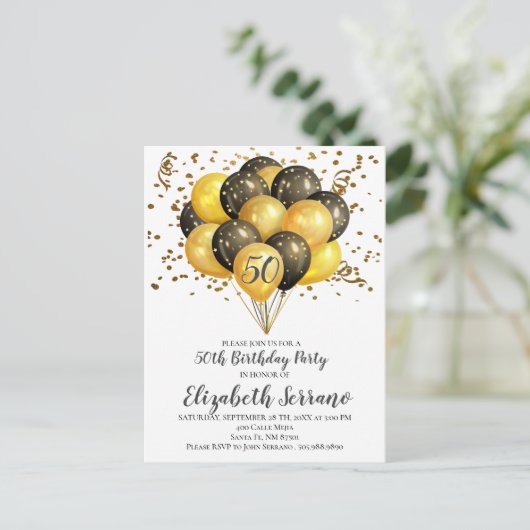 50e verjaardag Confetti Gold & zwarte ballonnen Uitnodiging Briefkaart (Staand voorkant)
