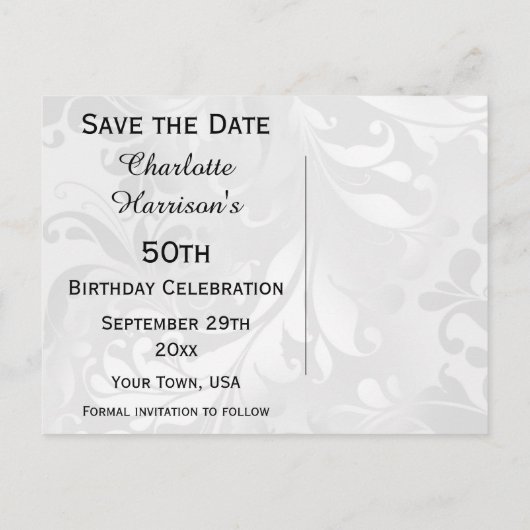 50e verjaardag Damask en Faux Bow Save The Date Aankondigingskaart (Achterkant)