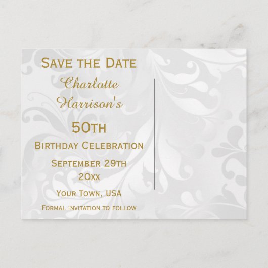 50e verjaardag Damask en Faux Bow Save The Date Aankondigingskaart (Achterkant)