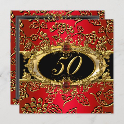50e verjaardag Damask Red Gold Black Kaart (Voorkant / Achterkant)