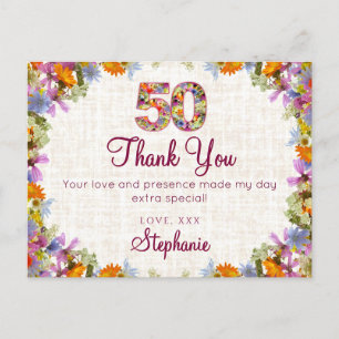 50e verjaardag Dank u - Elegante Bloemen Briefkaart