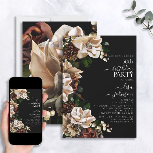 50e verjaardag Dark Moody Neutral Magnolia Floral Kaart