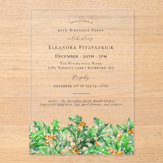 50e verjaardag december Geboortemaand Bloem Holly Acryl Uitnodigingen (Voorkant)