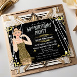 50e verjaardag Deco Gatsby Flapper Girl Uitnodigin Kaart<br><div class="desc">Gelebraat zoals ze dat deden in de Zwingende Twenties met onze geweldige,  Gatsby-geïnspireerde uitnodiging. Of u nu een bacheloretfeestje of een verjaardagsfeestje plant,  neem uw evenement op tijd terug naar het fantastische tijdperk van Art Deco en lavish living.</div>