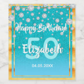 50e verjaardag diamanten glitter blauwgroen blauw wijn etiket (Enkel label)
