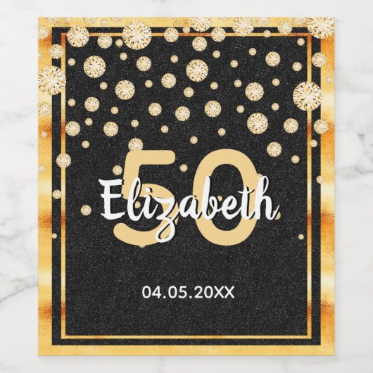 50e verjaardag diamanten glitter zwart goud wijn etiket (Enkel label)