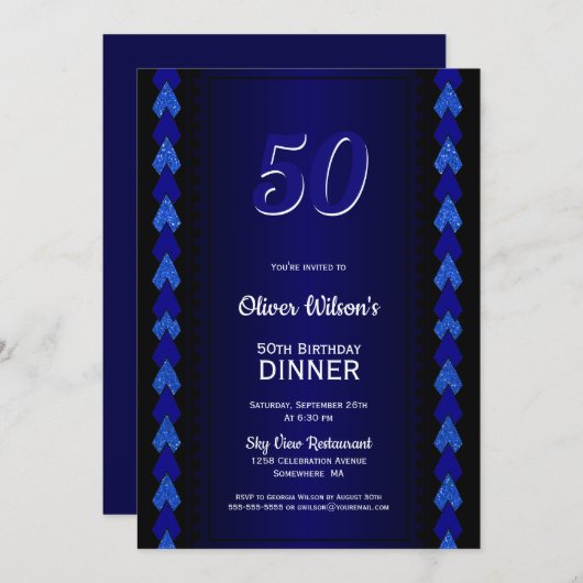 50e verjaardag Dinner Black en Blue Party Kaart (Voorkant / Achterkant)