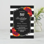 50e verjaardag Dinner Black White Striped Floral Kaart (Staand voorkant)