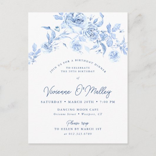 50e verjaardag Dinner Party Blauwe Bloemen Uitnodiging Briefkaart (Voorkant)