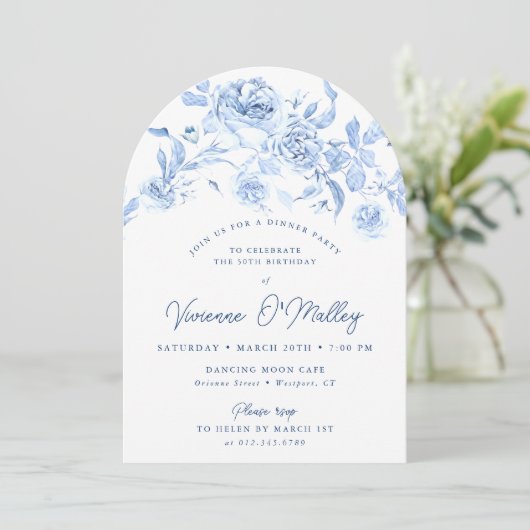 50e verjaardag Dinner Party Blue Floral Arch Kaart (Staand voorkant)