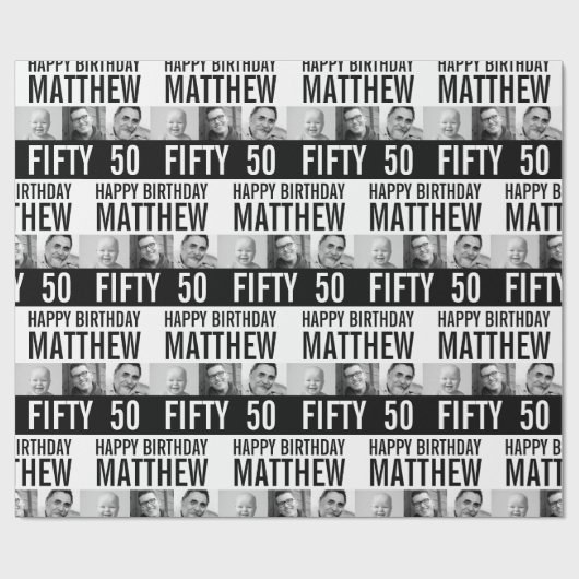 50e verjaardag drie foto's zwart wit gestript cadeaupapier (Vlak)