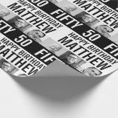 50e verjaardag drie foto's zwart wit gestript cadeaupapier (Hoek)