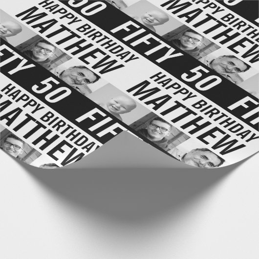 50e verjaardag drie foto's zwart wit gestript cadeaupapier (Hoek)