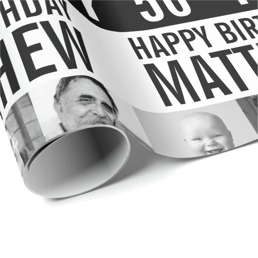 50e verjaardag drie foto's zwart wit gestript cadeaupapier (Rol Hoek)