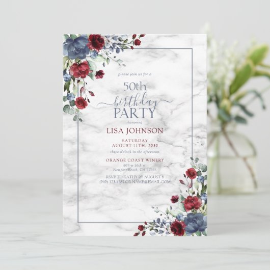 50e verjaardag Dusty Blue Bourgogne Gouden Bloemen Kaart (Staand voorkant)