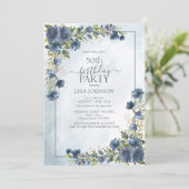 50e verjaardag Dusty Blue Waterverf Floral Kaart (Staand voorkant)