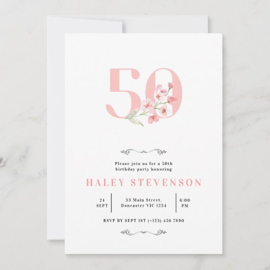 50e verjaardag Eenvoudig roze en witte Floral lega Kaart (Voorkant)