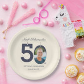 50e Verjaardag Elegant Beige  Custom Photo Papieren Bordje (Feest)