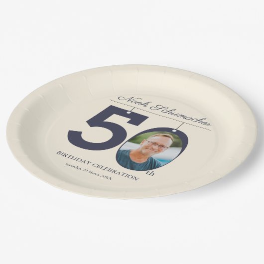 50e Verjaardag Elegant Beige  Custom Photo Papieren Bordje (Gekanteld)