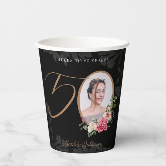 50e verjaardag Elegant Black Gold Custom Photo Papieren Bekers (Voorkant)