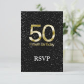50e verjaardag, Elegant Black Gold Glam RSVP Kaartje (Staand voorkant)