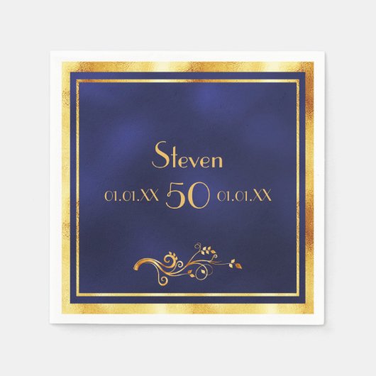 50e verjaardag: elegant blauw en goud servet (Voorkant)