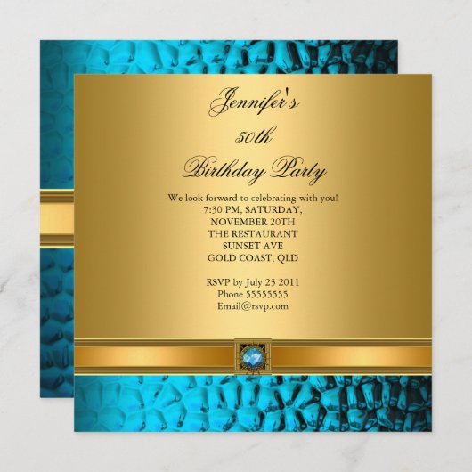 50e verjaardag Elegant Blauwgroen Gold Kaart (Voorkant / Achterkant)