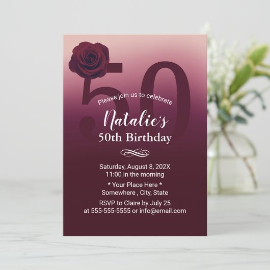 50e verjaardag Elegant Burgundy Red Ombre Kaart (Staand voorkant)