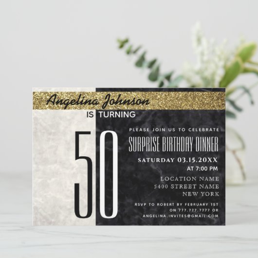 50e verjaardag Elegant goud zwart en wit marmer Kaart (Staand voorkant)