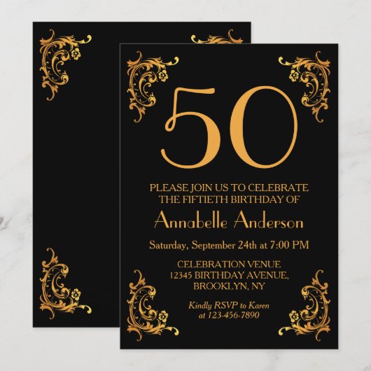 50e Verjaardag Elegant Goud Zwart  Retro Kaart (Voorkant / Achterkant)