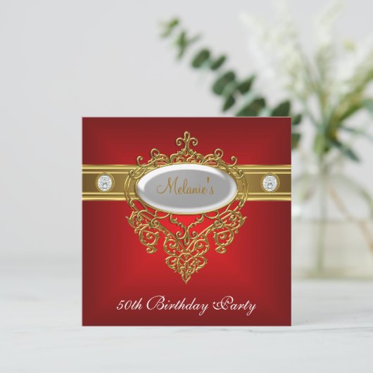 50e verjaardag Elegant Lace Red White Gold Diamond Kaart (Staand voorkant)