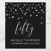 50e verjaardag Elegant Modern Black Silver Confett Wijn Etiket (Enkel label)