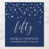 50e verjaardag Elegant Navy Blue Silver Confetti Wijn Etiket (Enkel label)