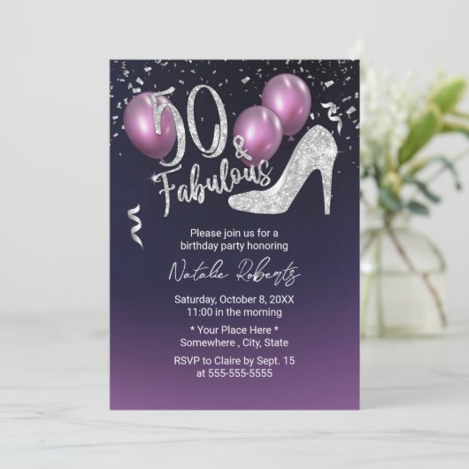 50e verjaardag Elegant Paars Fabulous 50 Kaart (Staand voorkant)