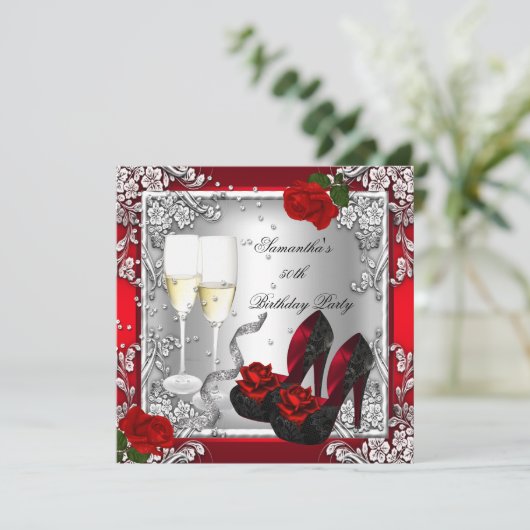 50e verjaardag Elegant Red Rose Silver Kaart (Staand voorkant)